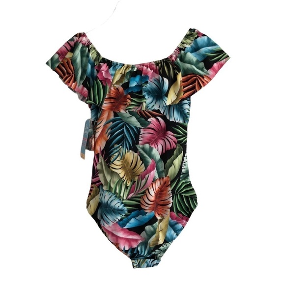 Swim Solutions Off The Shoulder Ruffle One Piece Swimsuit Size 8 Black Multi - Picture 4 of 14